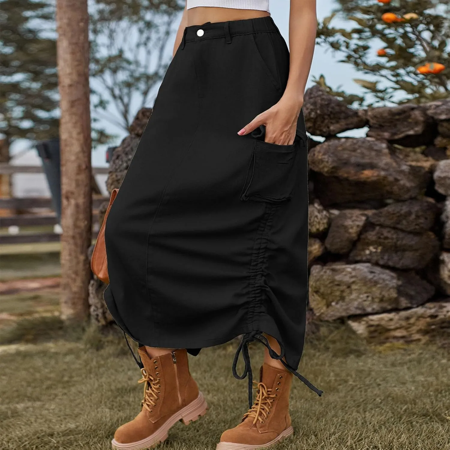 Womens Casual Long Denim Skirt Button High Waist Adjustable Strap Split Baggy Military Combat Cargo Midi Jean Skirt