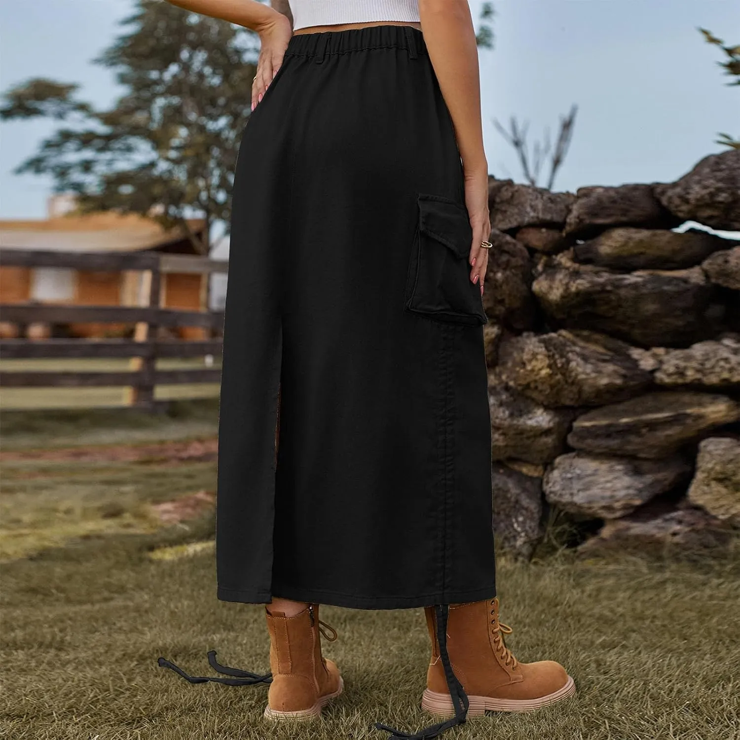 Womens Casual Long Denim Skirt Button High Waist Adjustable Strap Split Baggy Military Combat Cargo Midi Jean Skirt