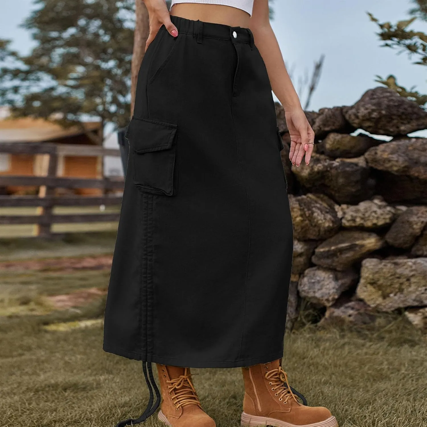 Womens Casual Long Denim Skirt Button High Waist Adjustable Strap Split Baggy Military Combat Cargo Midi Jean Skirt