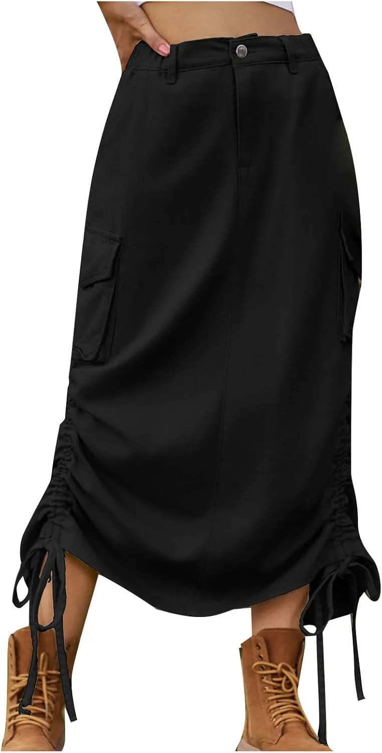 Womens Casual Long Denim Skirt Button High Waist Adjustable Strap Split Baggy Military Combat Cargo Midi Jean Skirt
