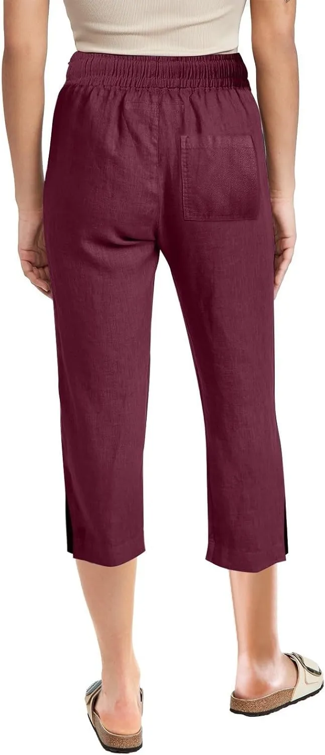 Women's Casual Pants,Plus Size Women's Summer Pants Linen Blend Drawstring Waist, Wide Leg Split Hem Lounge Culottes