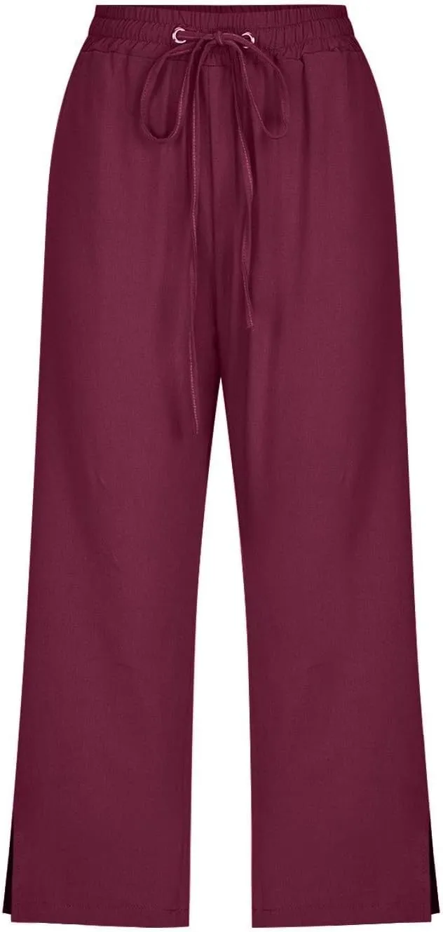 Women's Casual Pants,Plus Size Women's Summer Pants Linen Blend Drawstring Waist, Wide Leg Split Hem Lounge Culottes