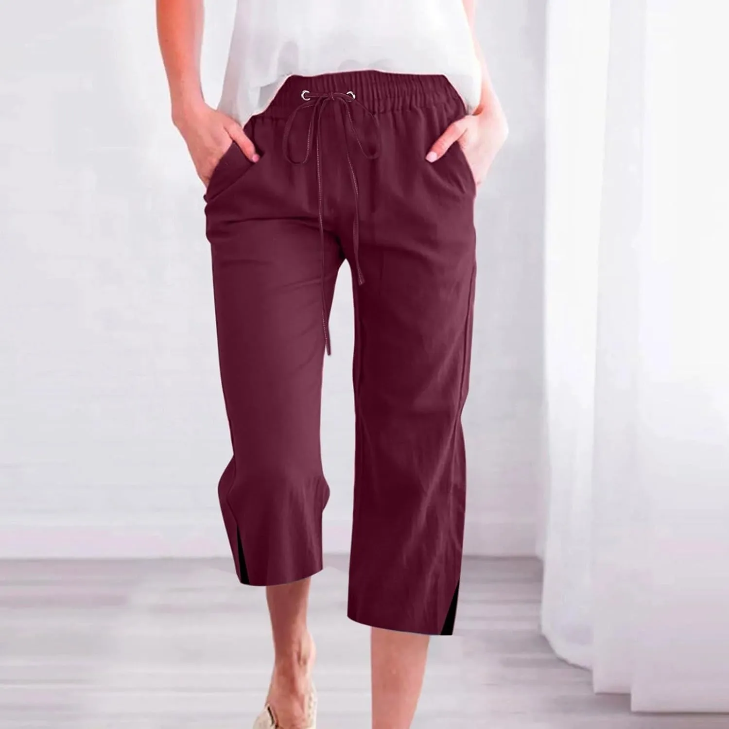 Women's Casual Pants,Plus Size Women's Summer Pants Linen Blend Drawstring Waist, Wide Leg Split Hem Lounge Culottes