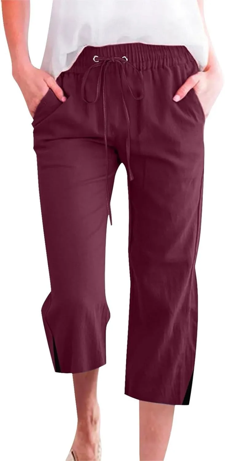 Women's Casual Pants,Plus Size Women's Summer Pants Linen Blend Drawstring Waist, Wide Leg Split Hem Lounge Culottes