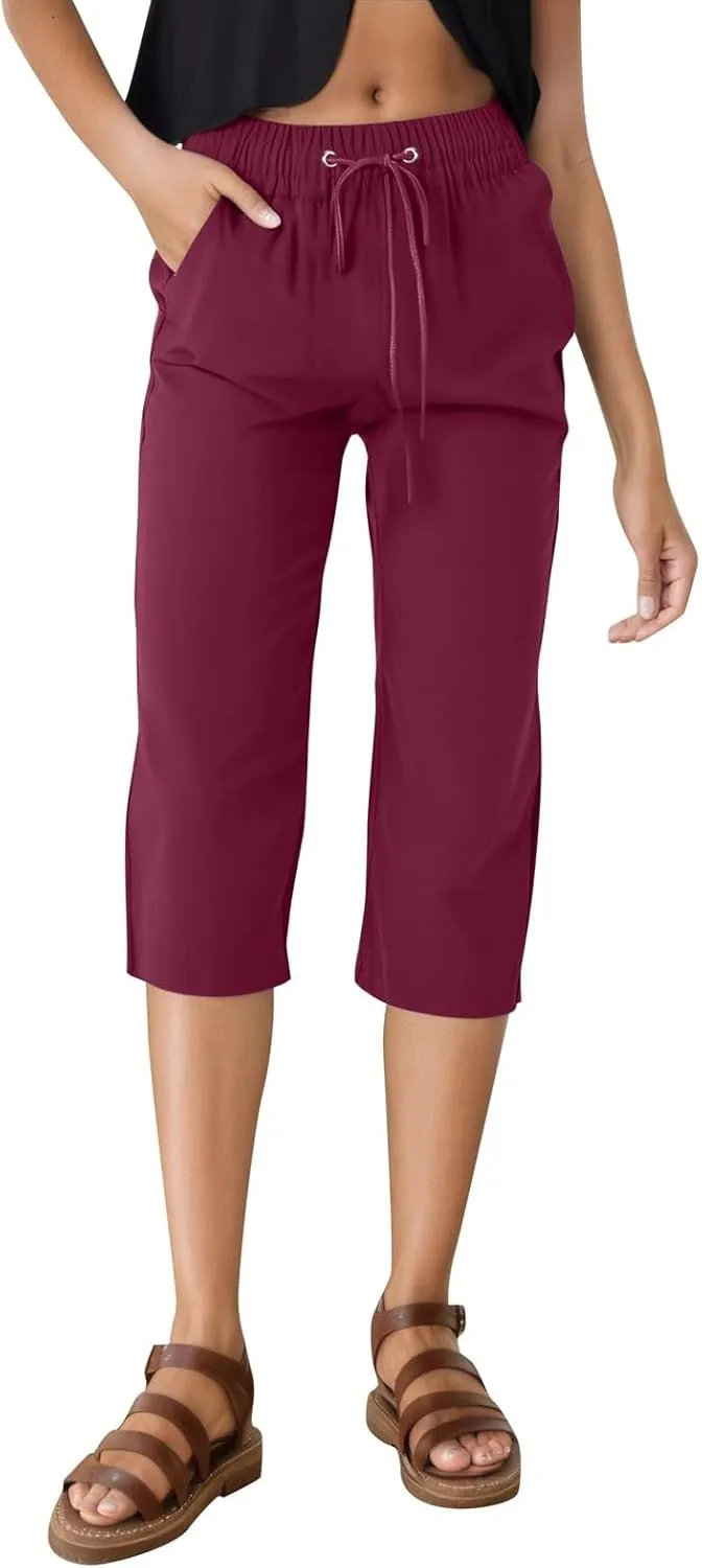 Women's Casual Pants,Plus Size Women's Summer Pants Linen Blend Drawstring Waist, Wide Leg Split Hem Lounge Culottes