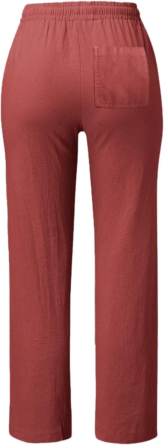 Women's Casual Pants,Plus Size Women's Wide Leg Pants Linen Blend with Side Pockets, Drawstring Waist