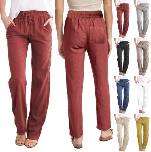 Women's Casual Pants,Plus Size Women's Wide Leg Pants Linen Blend with Side Pockets, Drawstring Waist