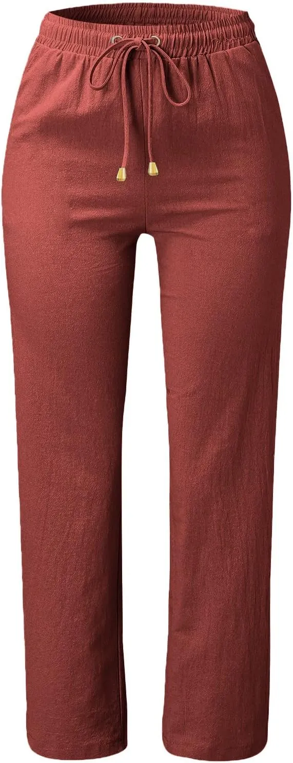 Women's Casual Pants,Plus Size Women's Wide Leg Pants Linen Blend with Side Pockets, Drawstring Waist