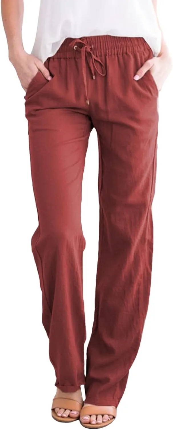 Women's Casual Pants,Plus Size Women's Wide Leg Pants Linen Blend with Side Pockets, Drawstring Waist