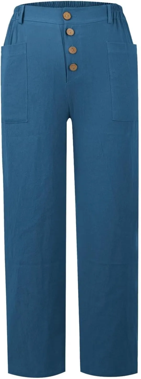 Womens Casual Work Pants with Pockets Elastic High Waist Paper Bag Trousers with Breasted Cotton Loose Wide Leg Walking Pants