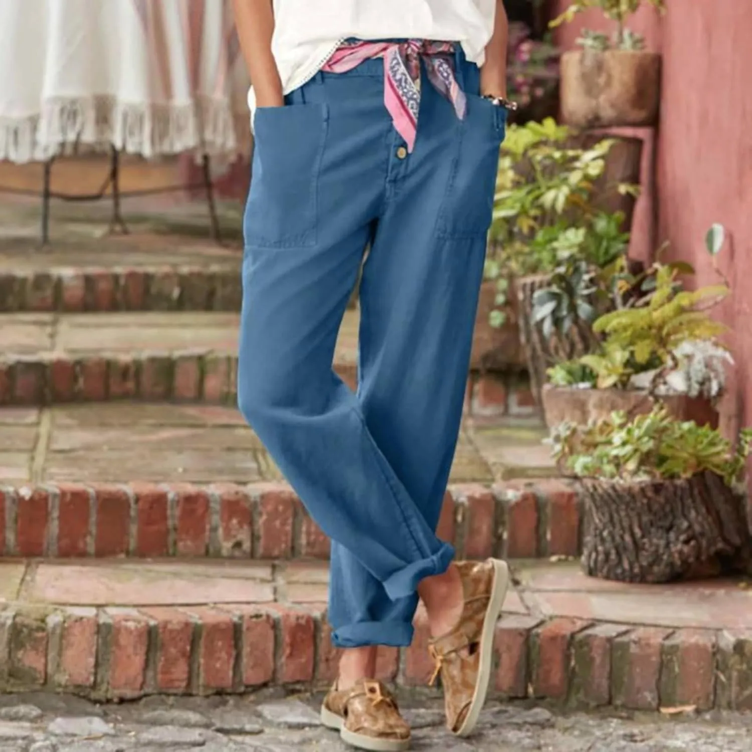 Womens Casual Work Pants with Pockets Elastic High Waist Paper Bag Trousers with Breasted Cotton Loose Wide Leg Walking Pants