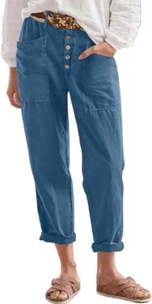 Womens Casual Work Pants with Pockets Elastic High Waist Paper Bag Trousers with Breasted Cotton Loose Wide Leg Walking Pants