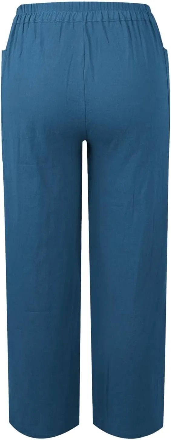 Womens Casual Work Pants with Pockets Elastic High Waist Paper Bag Trousers with Breasted Cotton Loose Wide Leg Walking Pants