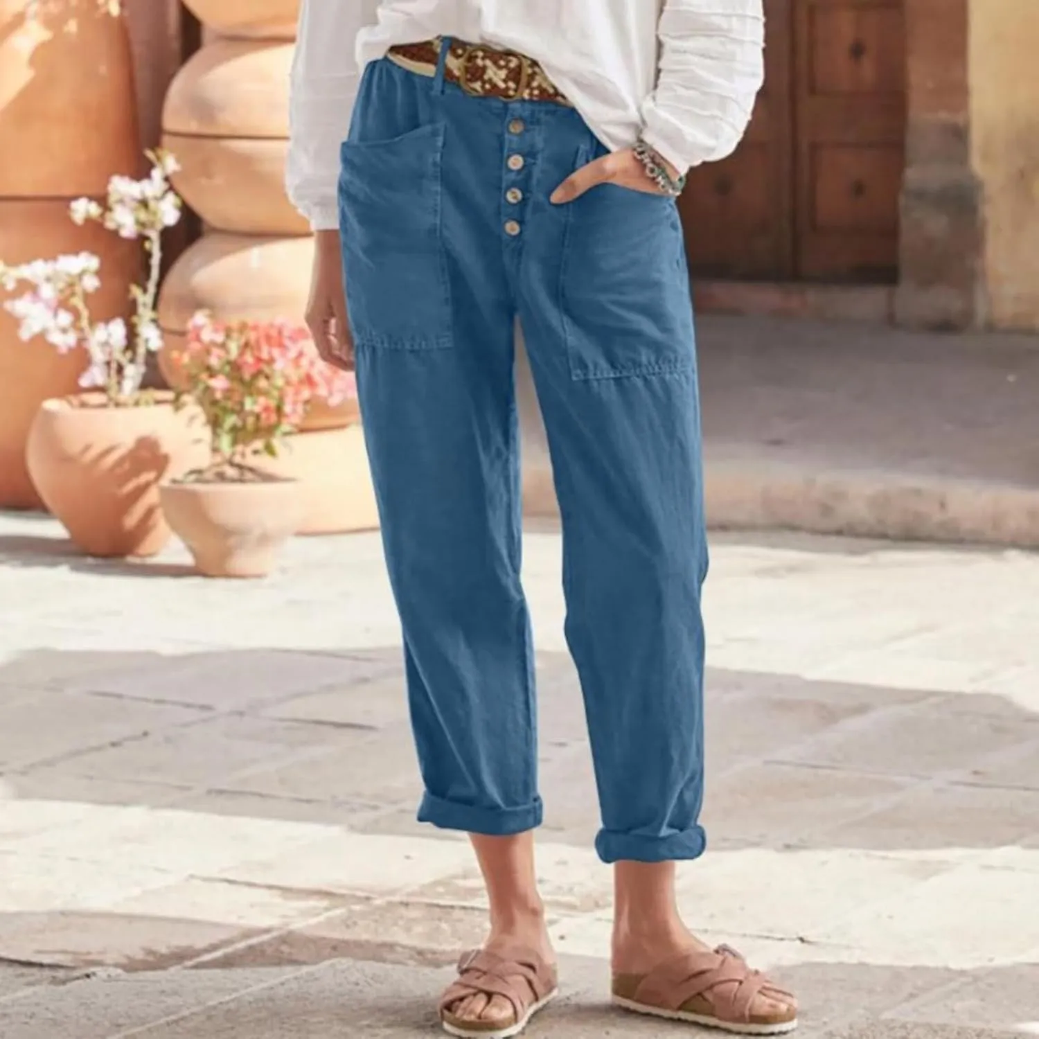 Womens Casual Work Pants with Pockets Elastic High Waist Paper Bag Trousers with Breasted Cotton Loose Wide Leg Walking Pants