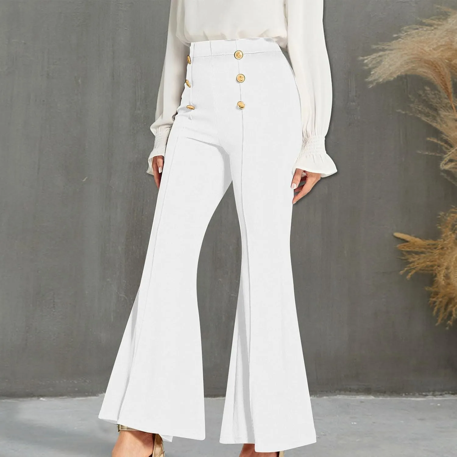 Womens Classy High Waist Double Breasted Flared Sailor Trousers Pants with Hide Zipper Tummy Button Wide Leg Pant