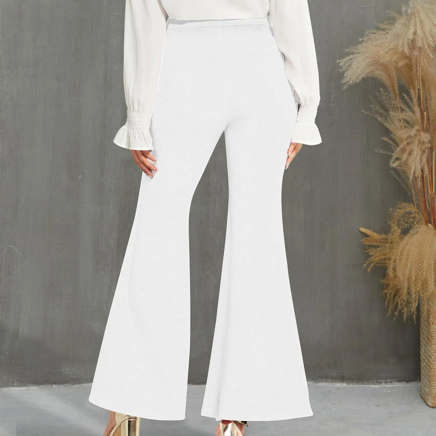Womens Classy High Waist Double Breasted Flared Sailor Trousers Pants with Hide Zipper Tummy Button Wide Leg Pant