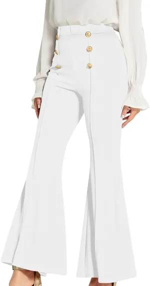 Womens Classy High Waist Double Breasted Flared Sailor Trousers Pants with Hide Zipper Tummy Button Wide Leg Pant