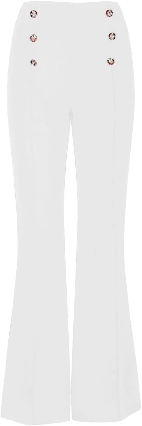 Womens Classy High Waist Double Breasted Flared Sailor Trousers Pants with Hide Zipper Tummy Button Wide Leg Pant