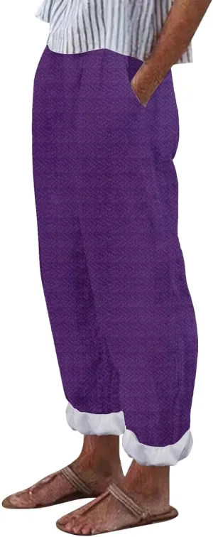 Women's Cotton Linen Capri Pants Elastic High Waisted Straight Leg Lounge Pants Casual Loose Fit Summer Trousers