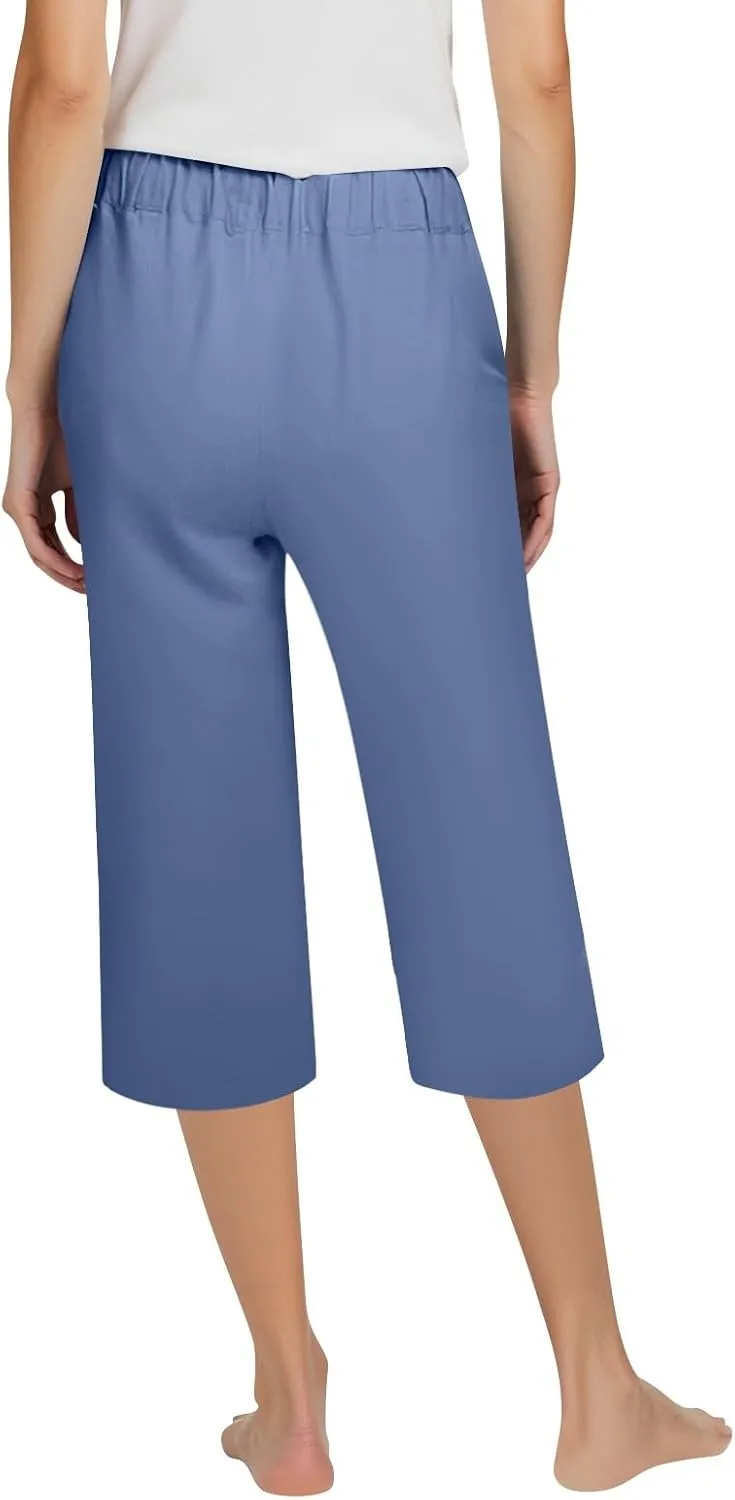 Womens Cotton Linen Capri Pants Summer Casual Elastic Waist Capris 2025 Comfy Cropped Trouser with Pockets