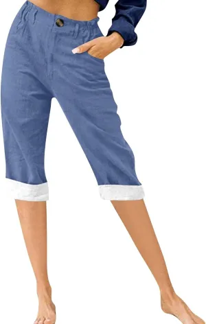 Womens Cotton Linen Capri Pants Summer Casual Elastic Waist Capris 2025 Comfy Cropped Trouser with Pockets