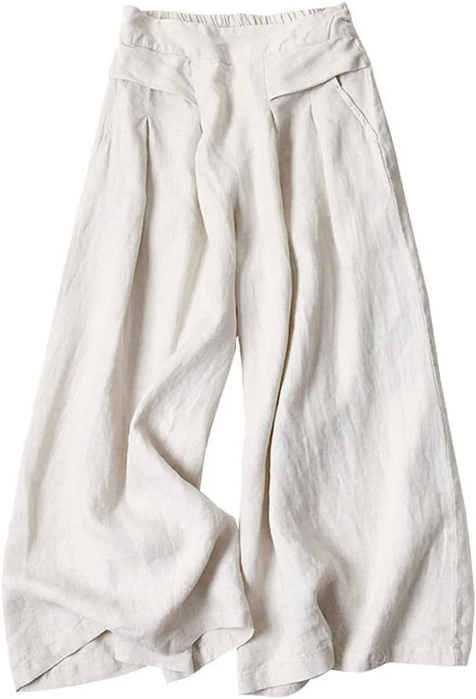 Women's Cotton Linen Casual Trousers High Waist Stretch Lightweight Joggers Summer Wide Leg Drape Cropped Pant with Pocket