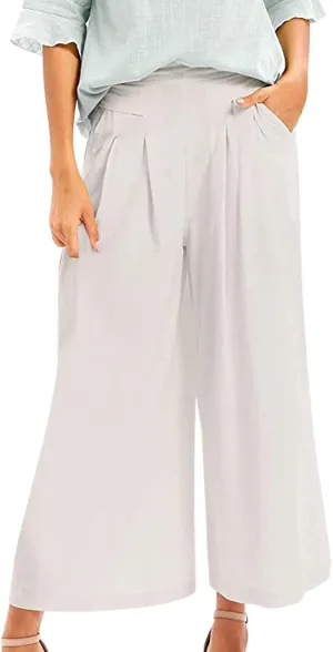 Women's Cotton Linen Casual Trousers High Waist Stretch Lightweight Joggers Summer Wide Leg Drape Cropped Pant with Pocket