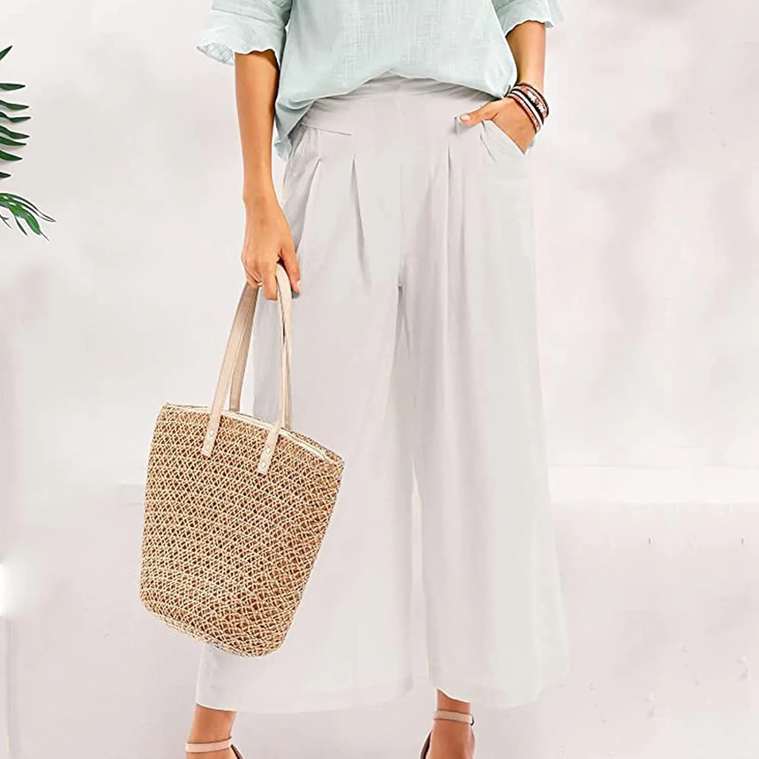 Women's Cotton Linen Casual Trousers High Waist Stretch Lightweight Joggers Summer Wide Leg Drape Cropped Pant with Pocket