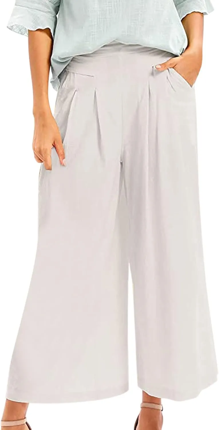 Women's Cotton Linen Casual Trousers High Waist Stretch Lightweight Joggers Summer Wide Leg Drape Cropped Pant with Pocket