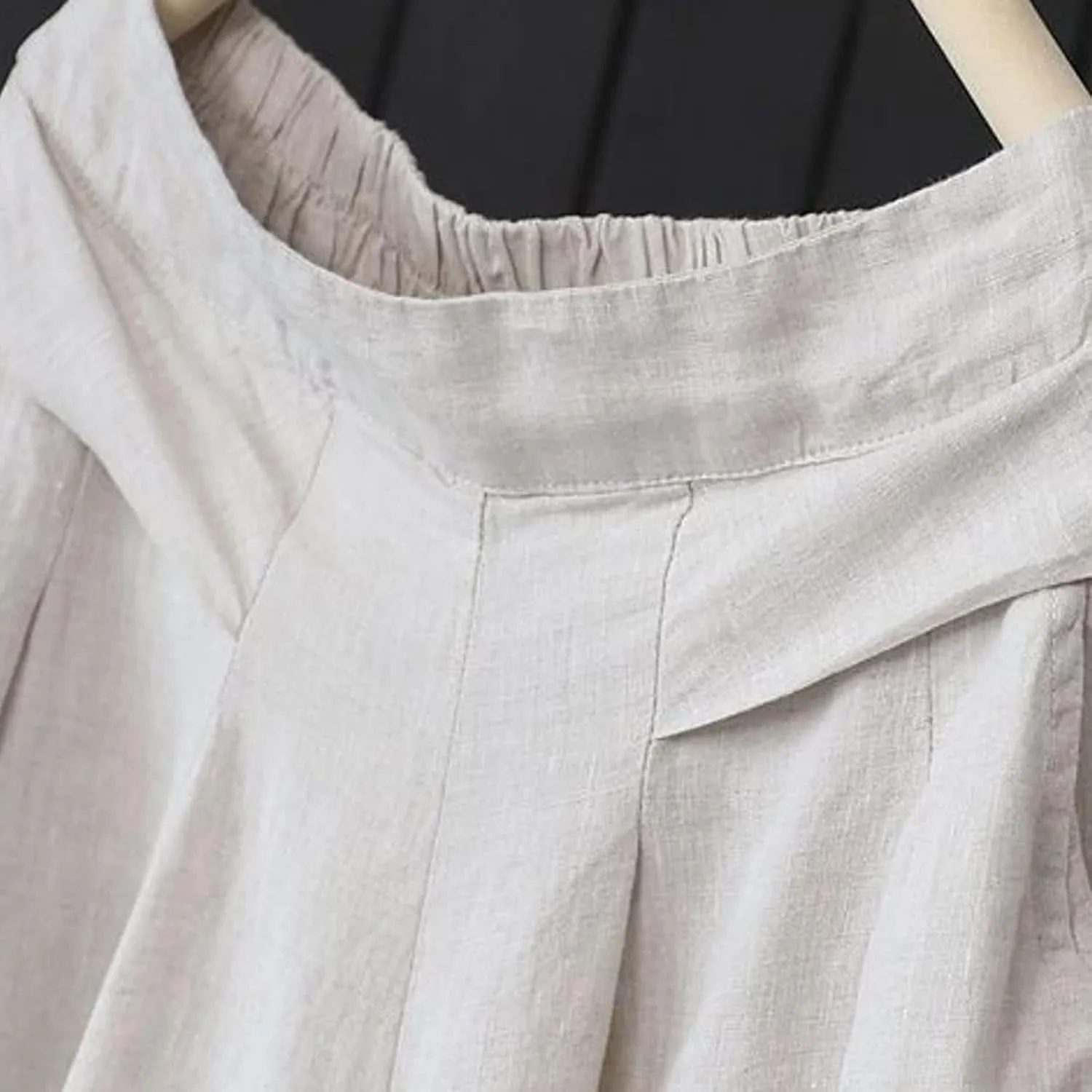 Women's Cotton Linen Casual Trousers High Waist Stretch Lightweight Joggers Summer Wide Leg Drape Cropped Pant with Pocket