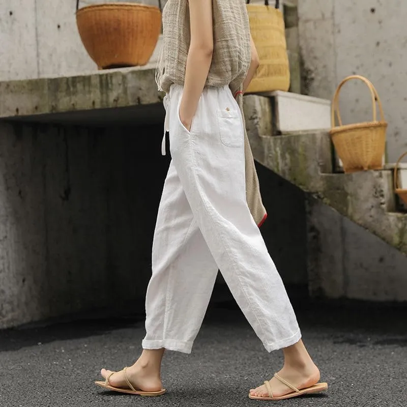 Womens Cotton Linen Pants Casual Summer Loose High Waist Elastic Wide Leg Beach Trousers with Pockets