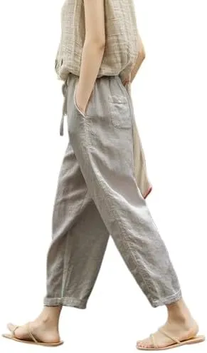 Womens Cotton Linen Pants Casual Summer Loose High Waist Elastic Wide Leg Beach Trousers with Pockets