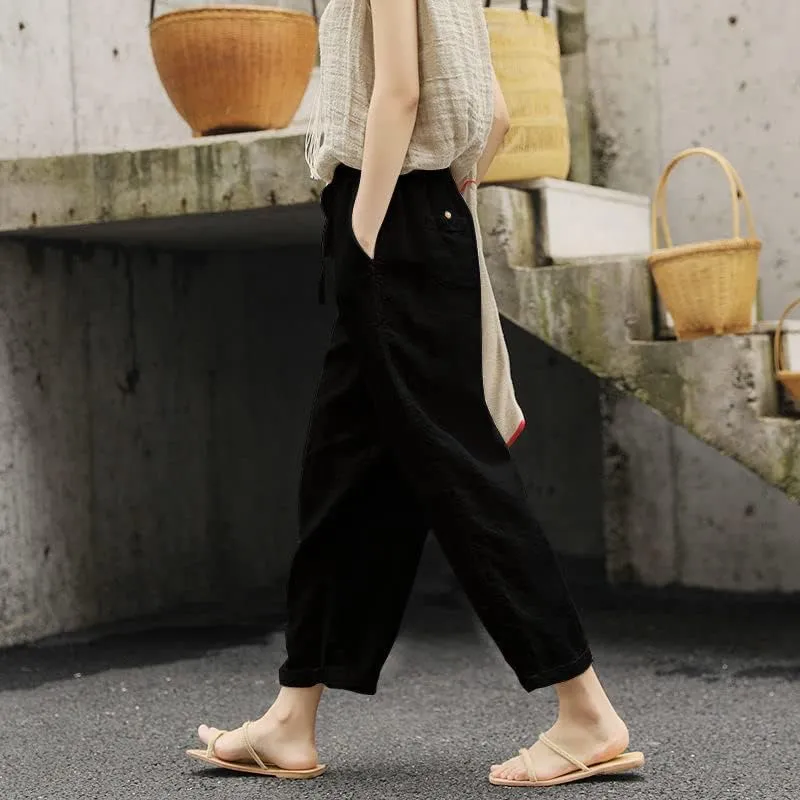 Womens Cotton Linen Pants Casual Summer Loose High Waist Elastic Wide Leg Beach Trousers with Pockets