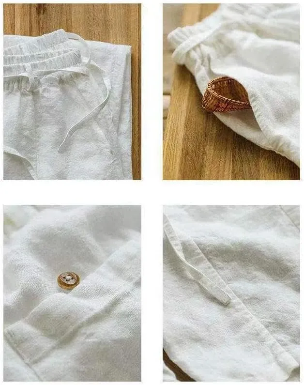 Womens Cotton Linen Pants Casual Summer Loose High Waist Elastic Wide Leg Beach Trousers with Pockets