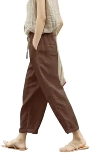 Womens Cotton Linen Pants Casual Summer Loose High Waist Elastic Wide Leg Beach Trousers with Pockets
