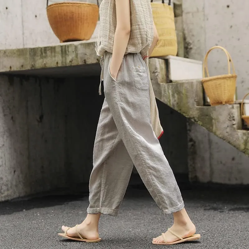 Womens Cotton Linen Pants Casual Summer Loose High Waist Elastic Wide Leg Beach Trousers with Pockets