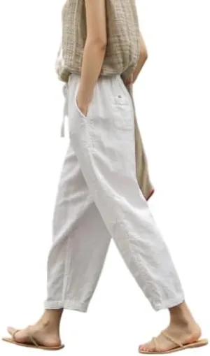 Womens Cotton Linen Pants Casual Summer Loose High Waist Elastic Wide Leg Beach Trousers with Pockets