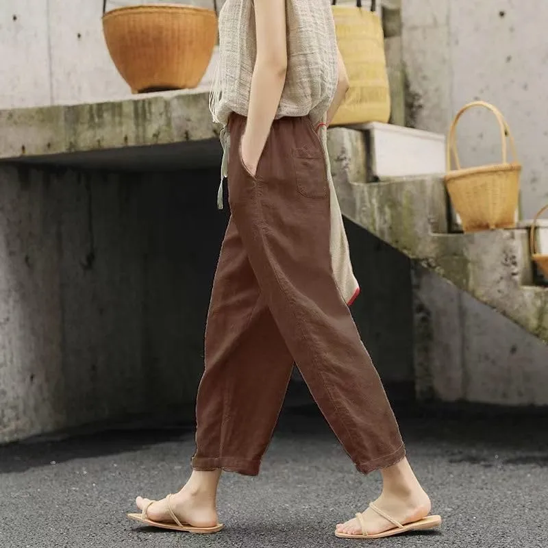 Womens Cotton Linen Pants Casual Summer Loose High Waist Elastic Wide Leg Beach Trousers with Pockets