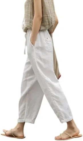 Womens Cotton Linen Pants Casual Summer Loose High Waist Elastic Wide Leg Beach Trousers with Pockets