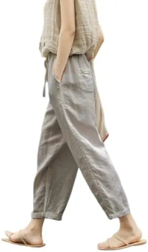Womens Cotton Linen Pants Casual Summer Loose High Waist Elastic Wide Leg Beach Trousers with Pockets