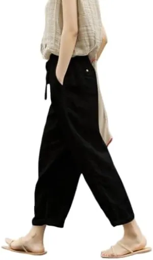 Womens Cotton Linen Pants Casual Summer Loose High Waist Elastic Wide Leg Beach Trousers with Pockets