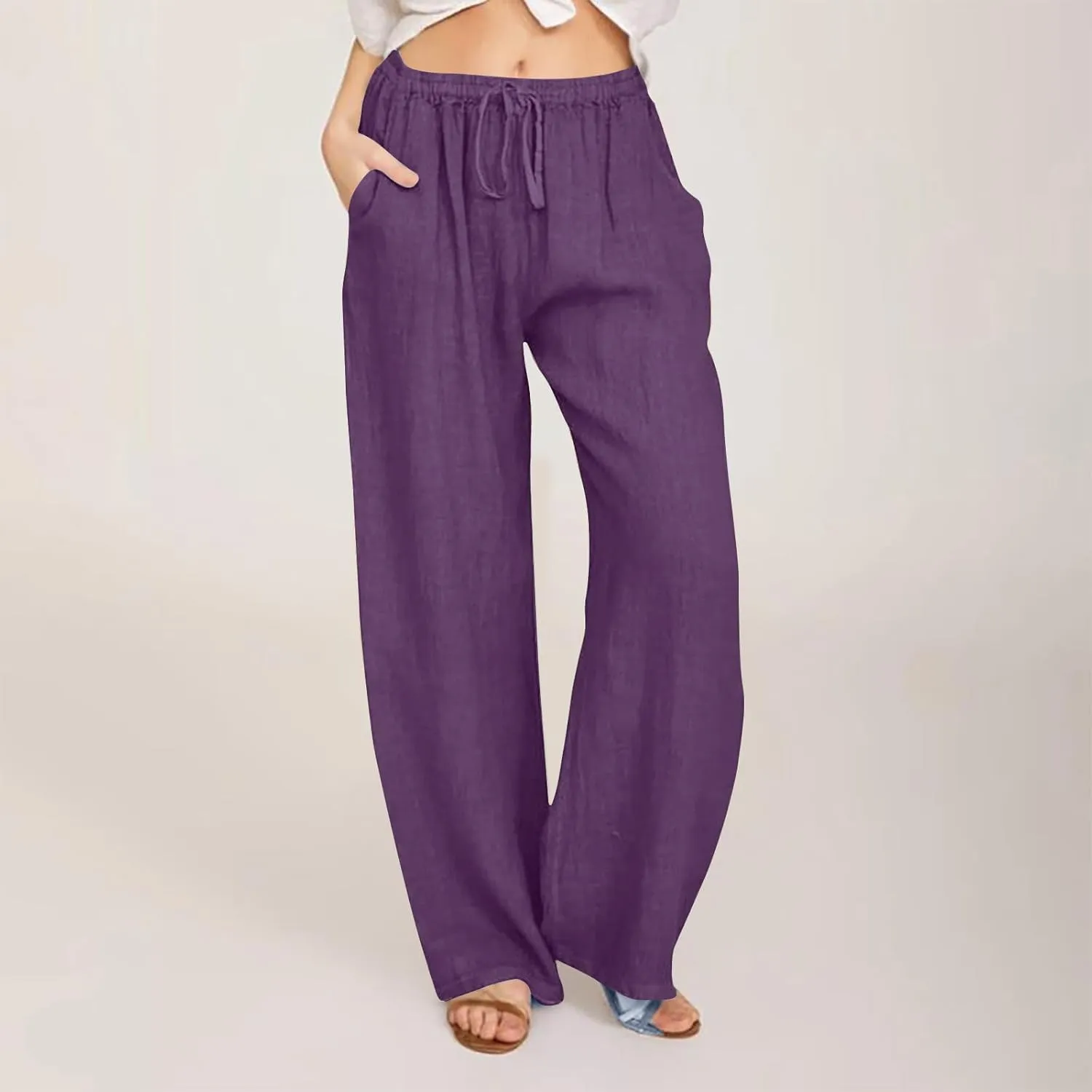 Women's Cotton Linen Pants High Waisted Wide Leg Pants Summer Casual Loose Fit Long Lounge Trousers with Pockets