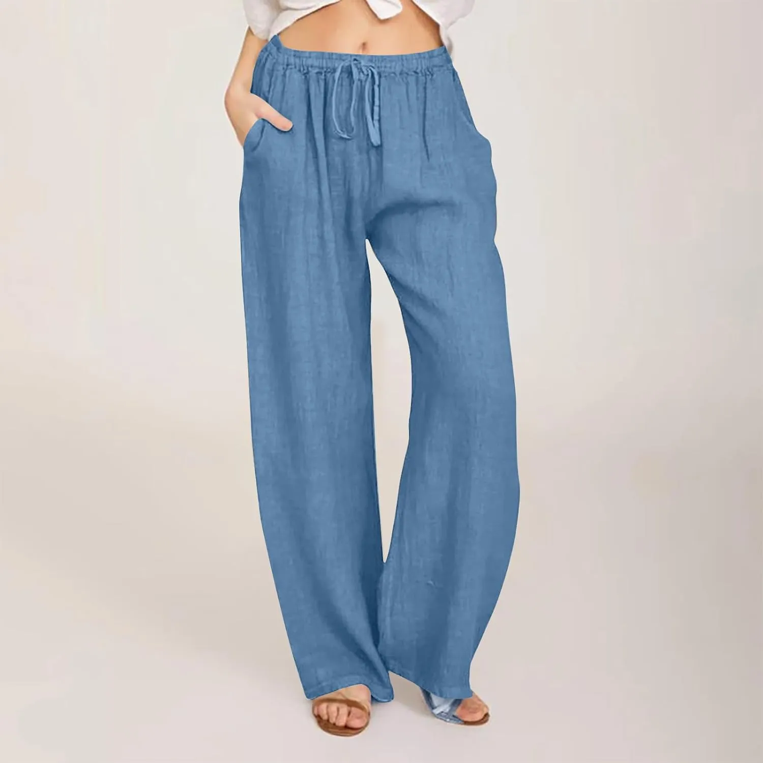 Women's Cotton Linen Pants High Waisted Wide Leg Pants Summer Casual Loose Fit Long Lounge Trousers with Pockets