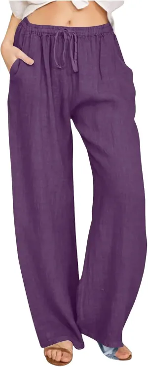 Women's Cotton Linen Pants High Waisted Wide Leg Pants Summer Casual Loose Fit Long Lounge Trousers with Pockets