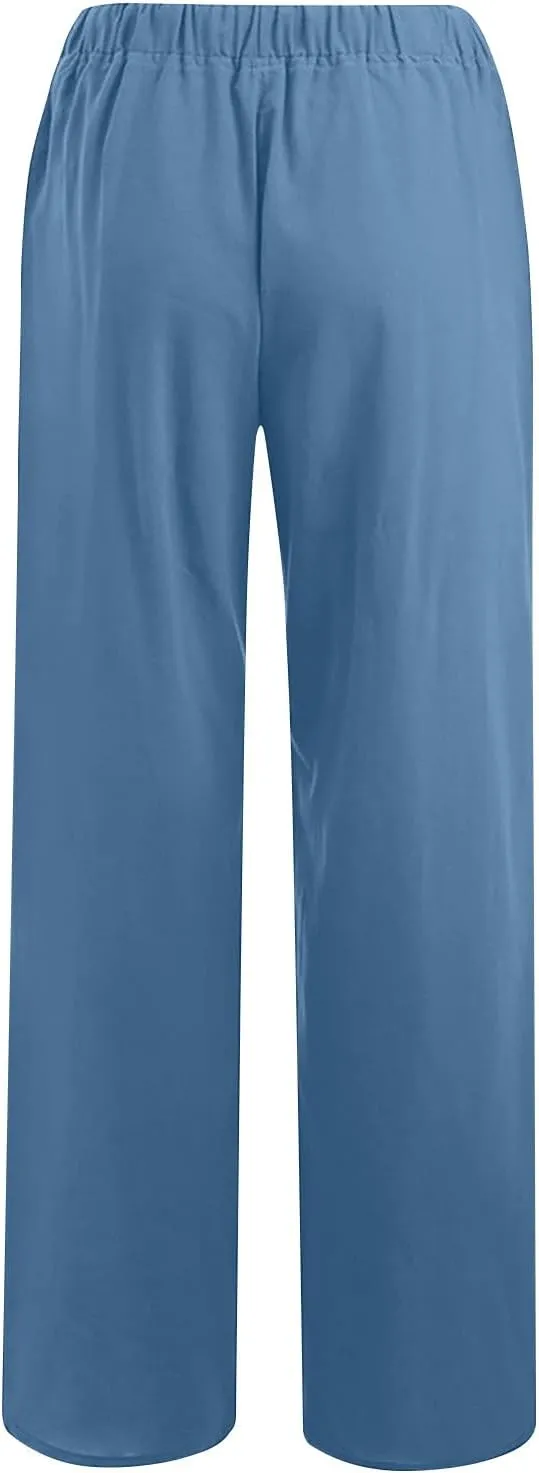 Women's Cotton Linen Pants High Waisted Wide Leg Pants Summer Casual Loose Fit Long Lounge Trousers with Pockets