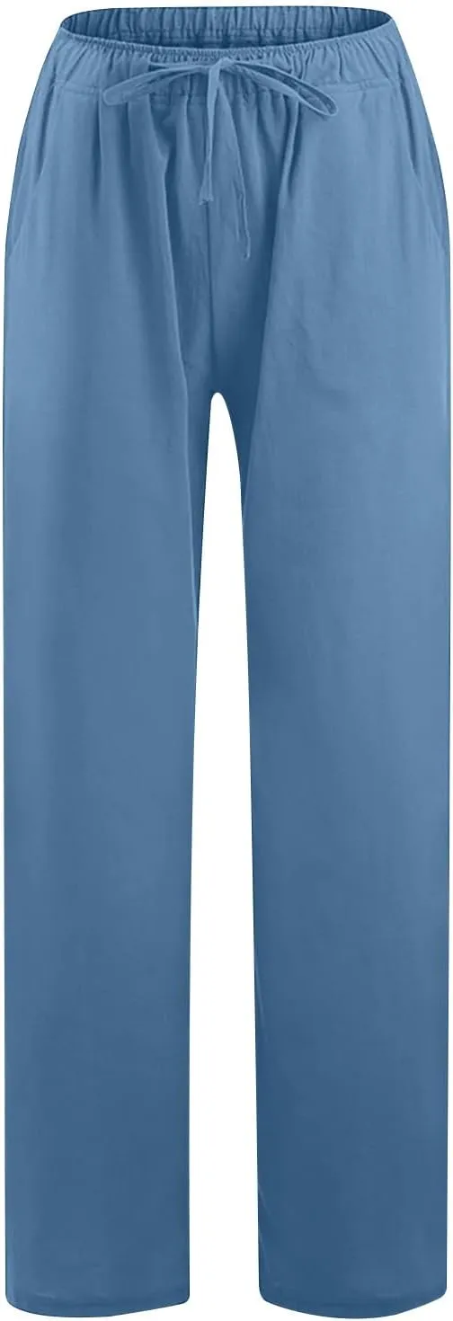 Women's Cotton Linen Pants High Waisted Wide Leg Pants Summer Casual Loose Fit Long Lounge Trousers with Pockets