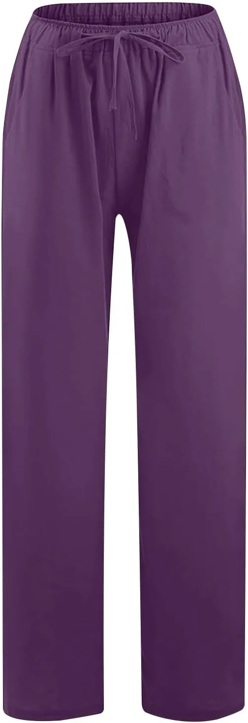 Women's Cotton Linen Pants High Waisted Wide Leg Pants Summer Casual Loose Fit Long Lounge Trousers with Pockets