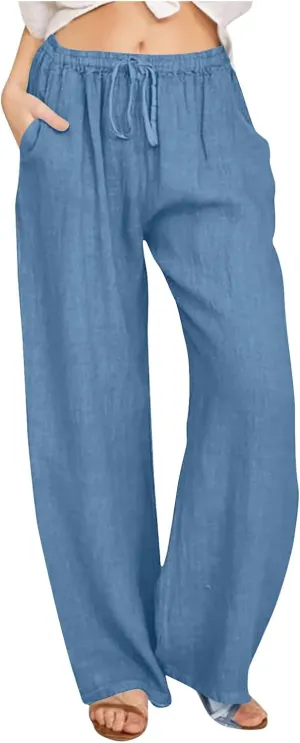 Women's Cotton Linen Pants High Waisted Wide Leg Pants Summer Casual Loose Fit Long Lounge Trousers with Pockets