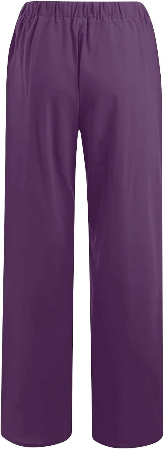 Women's Cotton Linen Pants High Waisted Wide Leg Pants Summer Casual Loose Fit Long Lounge Trousers with Pockets