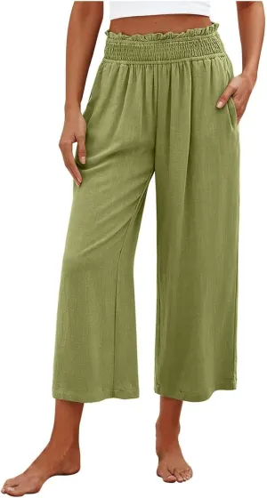 Women's Cotton Linen Pants Summer Solid Color Elastic Waist Capris with Pocket Outdoor Sports Palazzo Trousers 2025